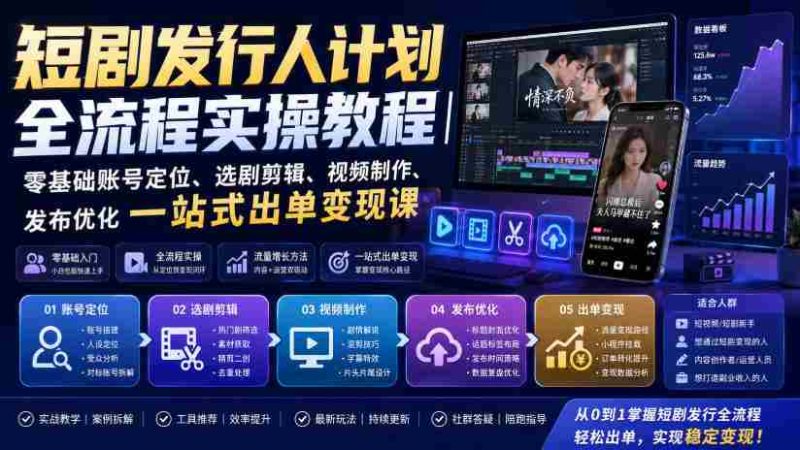 短剧发行人计划全流程实操教程｜零基础账号定位、选剧剪辑、视频制作、发布优化一站式出单变现课​-湘创网