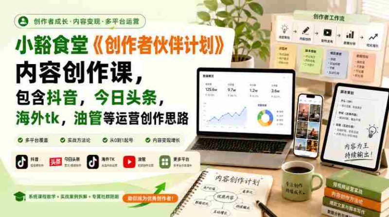 小豁食堂《创作者伙伴计划》内容创作课,包含抖音,今日头条,海外tk,油管等运营创作思路-湘创网