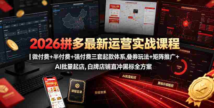 2026拼多多最新运营实战课程|微付费+半付费+强付费三套起款体系,叠券玩法+矩阵推广+AI批量起店,白牌店铺直冲黑标全方案