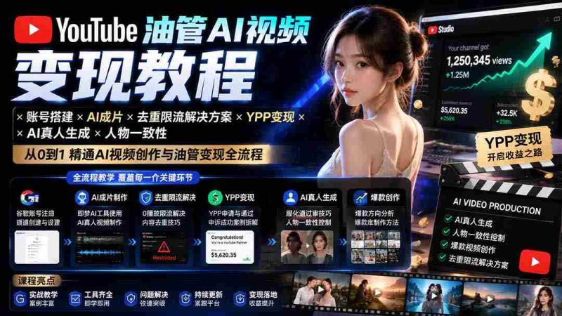 (19689期)YouTube油管AI视频变现教程:账号搭建×AI成片×去重限流解决方案×YPP变现×AI真人生成×人物一致性-湘创网