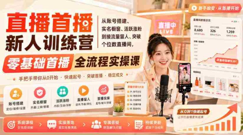 直播首播新人训练营|从账号搭建、实名橱窗、活跃涨粉到接流量留人、突破个位数直播间,零基础首播全流程实操课-湘创网