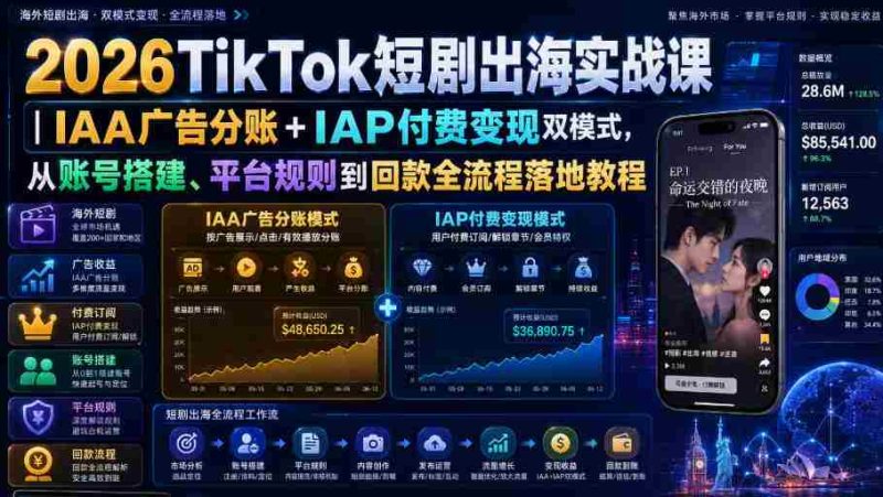 2026TikTok短剧出海实战课|IAA广告分账+IAP付费变现双模式,从账号搭建、平台规则到回款全流程落地教程-湘创网
