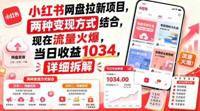 小红书网盘拉新项目，两种变现方式结合，现在流量火爆，当日收益1034，详细拆解-湘创网