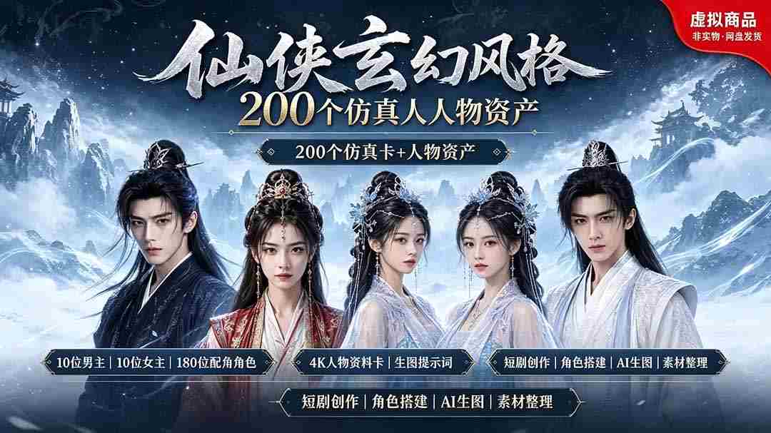 （19301期）200个仙侠玄幻仿真人素材◆10男主×10女主×180配角，4K资料卡+AI生图提示词，漫剧必备-湘创网