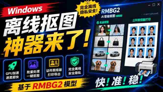 Windows离线抠图神器来了!支持批量抠图+证件照排版打印,基于RMBG2模型,GPU加速方块AI抠图