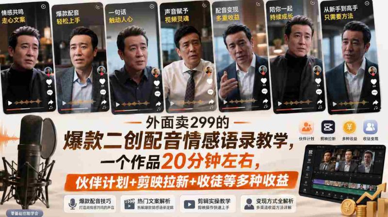 外面卖299的爆款二创配音情感语录教学,一个作品20分钟左右,伙伴计划+剪映拉新+收徒等多种收益-湘创网