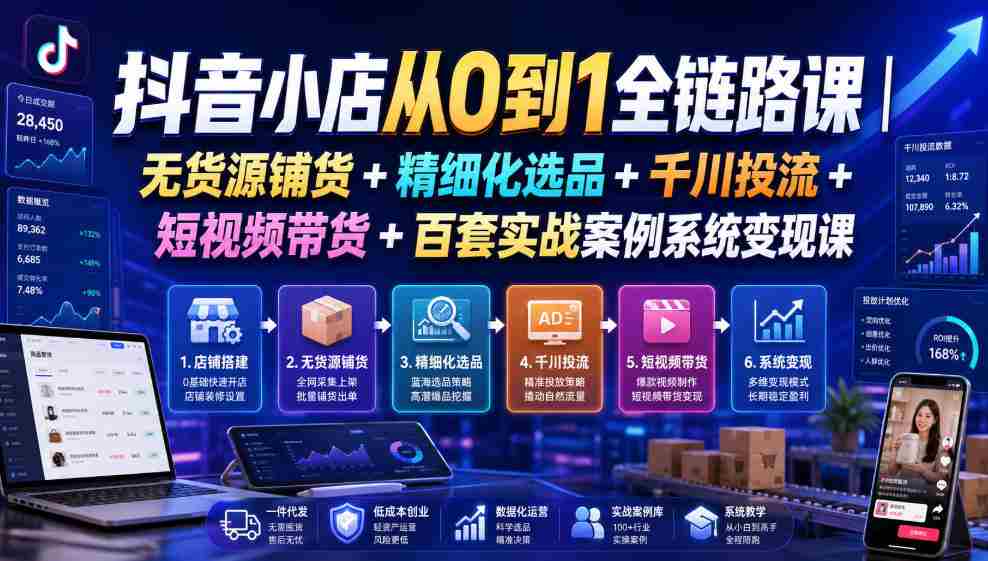 抖音小店从0到1全链路课|无货源铺货+精细化选品+千川投流+短视频带货+百套实战案例系统变现课(2026年7月更新)