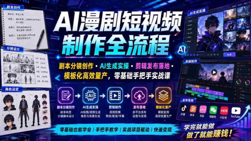 AI漫剧短视频制作全流程｜剧本分镜创作・AI生成实操・剪辑发布落地・模板化高效量产，零基础手把手实战课-湘创网