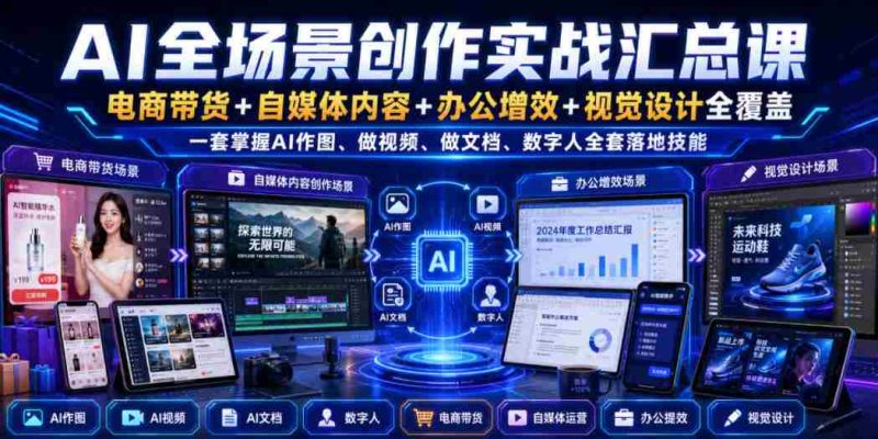 AI全场景创作实战汇总课|电商带货+自媒体内容+办公增效+视觉设计全覆盖,一套掌握AI作图、做视频、做文档、数字人全套落地技能-湘创网