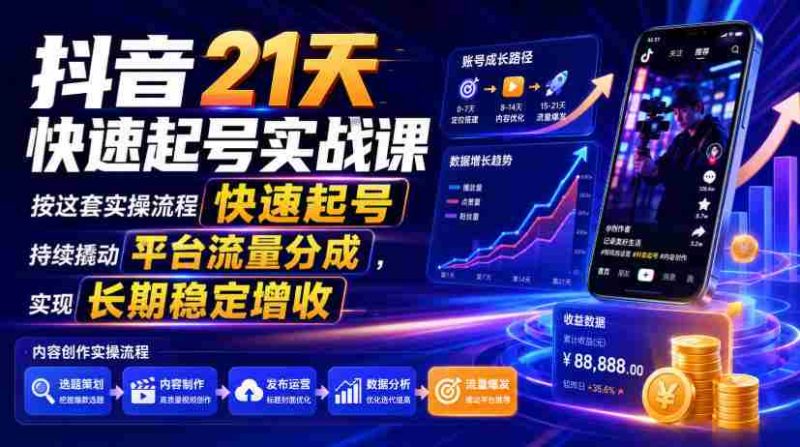 抖音21天快速起号实战课,按这套实操流程快速起号,持续撬动平台流量分成,实现长期稳定增收-湘创网