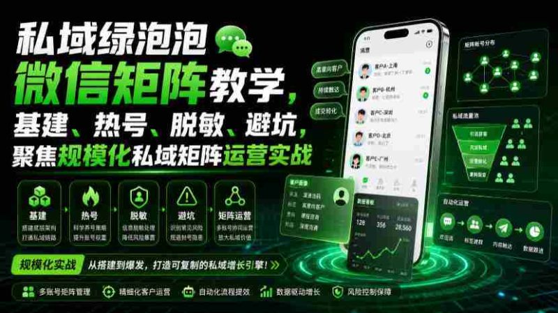 私域绿泡泡微信矩阵教学,基建、热号、脱敏、避坑,聚焦规模化私域矩阵运营实战-湘创网