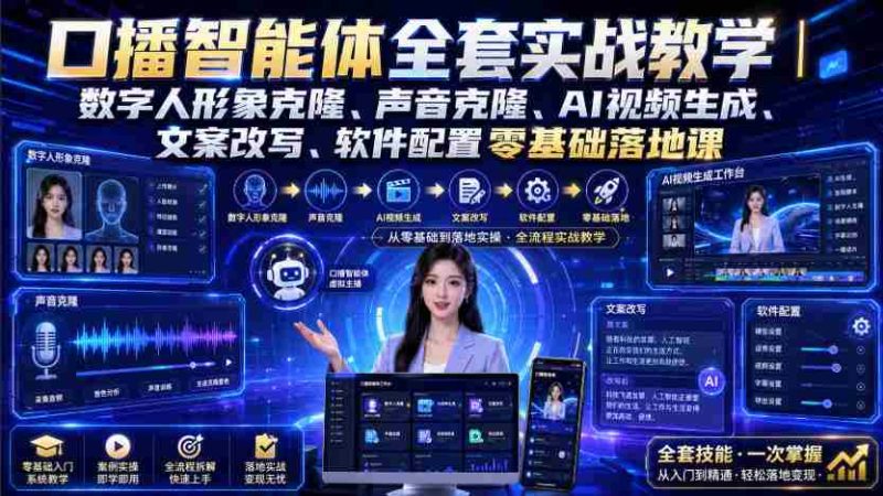 口播智能体全套实战教学|数字人形象克隆、声音克隆、AI视频生成、文案改写、软件配置零基础落地课-湘创网