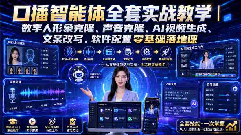 口播智能体全套实战教学|数字人形象克隆、声音克隆、AI视频生成、文案改写、软件配置零基础落地课