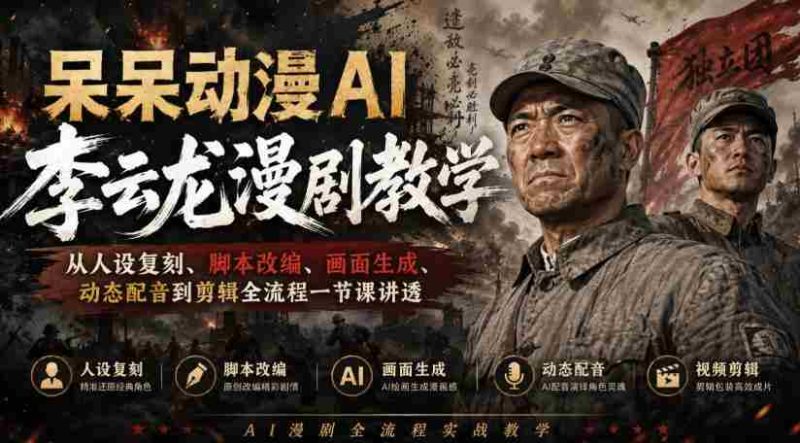 呆呆动漫AI李云龙漫剧教学,从人设复刻、脚本改编、画面生成、动态配音到剪辑全流程一节课讲透-湘创网