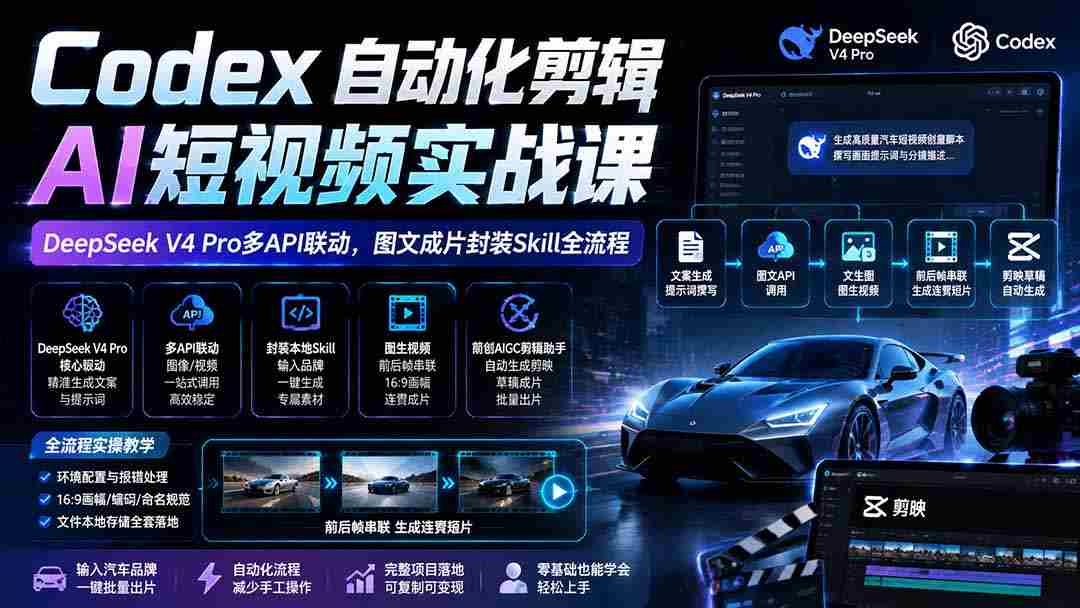 （19711期）Codex自动化剪辑AI短视频实战课｜DeepSeek V4 Pro多API联动，图文成片封装Skill全流程-湘创网