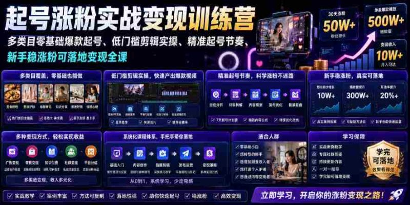 苗子起号涨粉实战变现训练营,多类目零基础爆款起号、精准起号节奏、新手稳涨粉可落地变现全课-湘创网