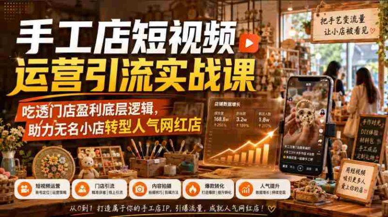 手工店短视频运营引流实战课,吃透门店盈利底层逻辑,助力无名小店转型人气网红店-湘创网