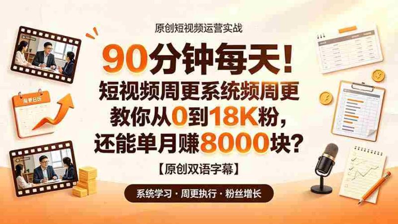 (19265期)90 分钟每天!短视频周更系统教你从 0 到 18K 粉,还能单月赚 8000 块?【原创双语字幕】-湘创网