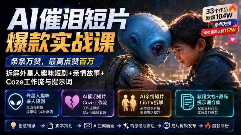 (20038期)AI催泪短片爆款实战课:条条万赞,最高点赞百万,拆解外星人趣味短剧+亲情故事+Coze工作流与提示词-湘创网