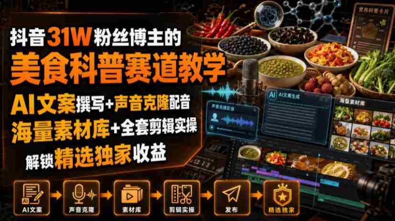 抖音31W粉丝博主的美食科普赛道教学,AI文案撰写+声音克隆配音+剪辑实操,解锁精选独家收益-湘创网