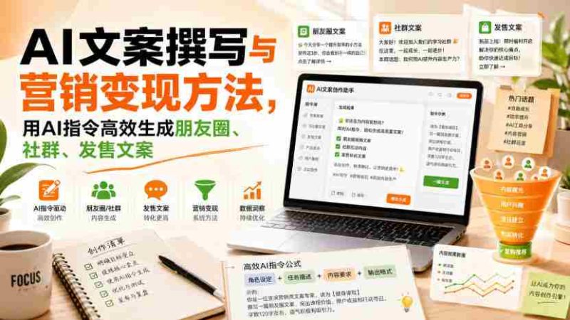 AI文案撰写与营销变现方法,用AI指令高效生成朋友圈、社群、发售文案-湘创网