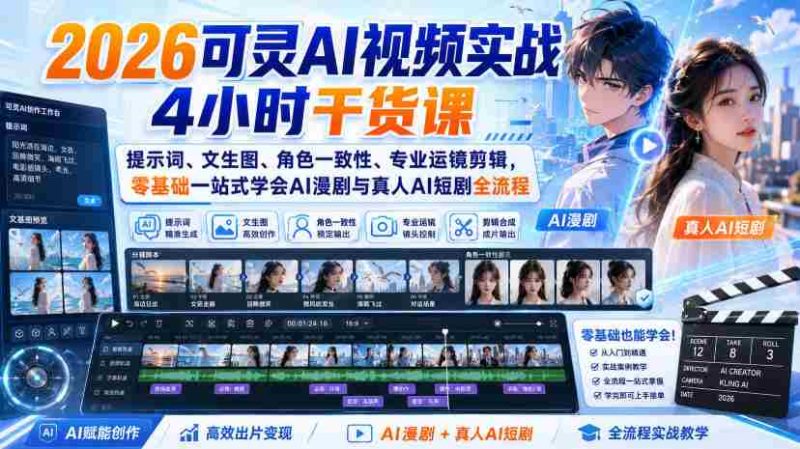2026可灵AI视频实战4小时干货课|提示词、文生图、角色一致性、专业运镜剪辑,零基础一站式学会AI漫剧与真人AI短剧全流程-湘创网