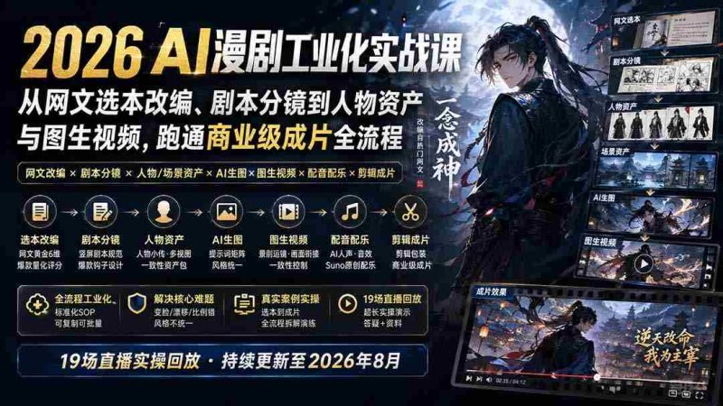 (20068期)2026 AI漫剧工业化实战课-更新:从网文选本改编、剧本分镜到人物资产与图生视频,跑通商业级成片全流程-湘创网