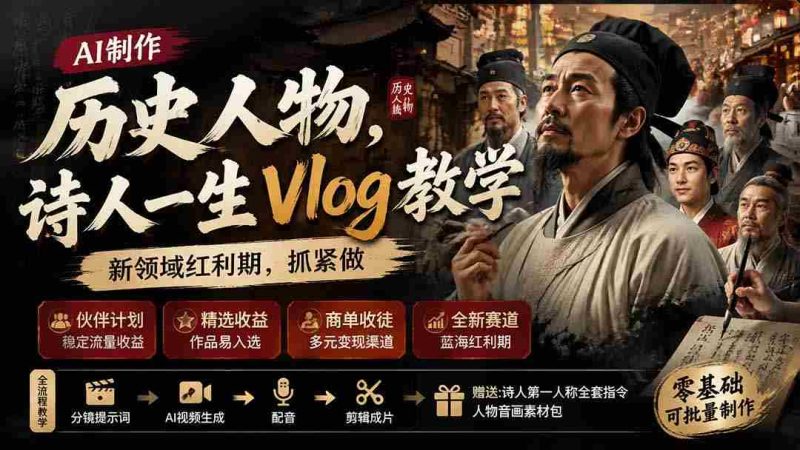 (19758期)历史人物,诗人一生Vlog教学, AI制作丨伙伴计划丨精选收益丨商单收徒 ,新领域红利期,抓紧做-湘创网