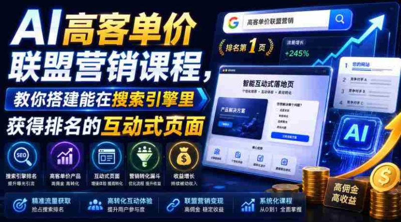 AI高客单价联盟营销课程,教你搭建能在搜索引擎里获得排名的互动式页面,引来流量,把访客转化为高佣金的成交【原创双语字幕】-湘创网