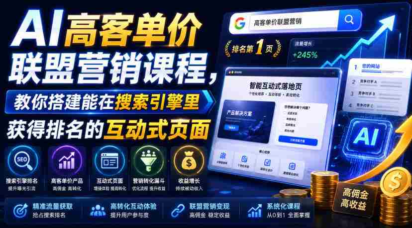 AI高客单价联盟营销课程,教你搭建能在搜索引擎里获得排名的互动式页面,引来流量,把访客转化为高佣金的成交【原创双语字幕】