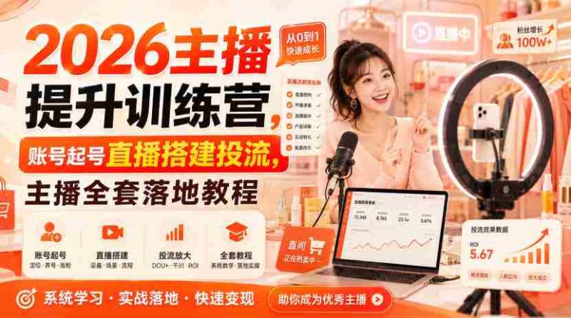2026主播提升训练营，账号起号直播搭建投流，主播全套落地教程-湘创网