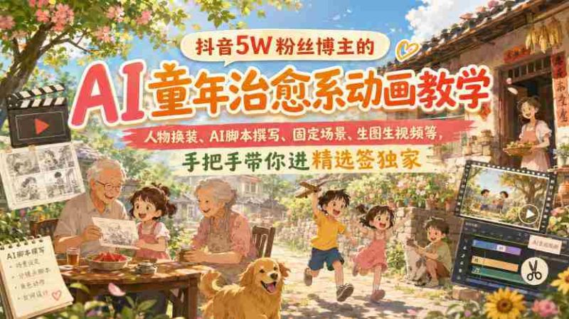 抖音5W粉丝博主的AI童年治愈系动画教学,人物换装、AI脚本撰写、固定场景、生图生视频等,手把手带你进精选签独家-湘创网
