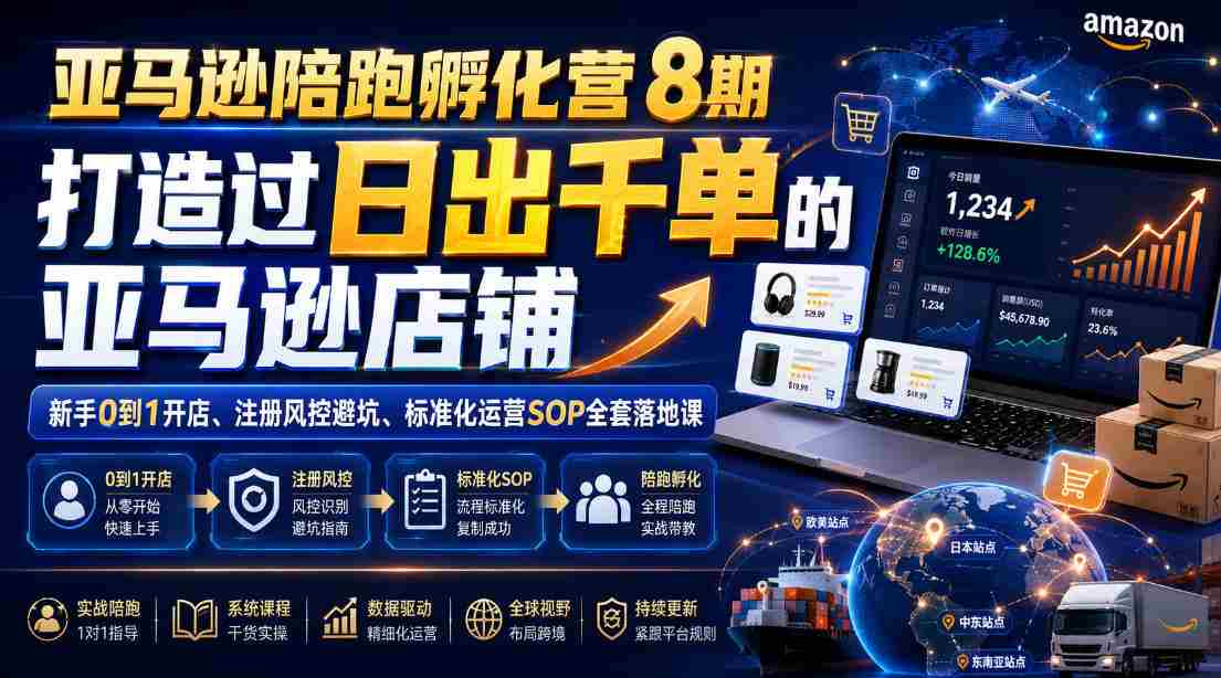 亚马逊陪跑孵化营8期，打造过日出千单的亚马逊店铺，新手0到1开店、注册风控避坑、标准化运营SOP全套落地课-湘创网