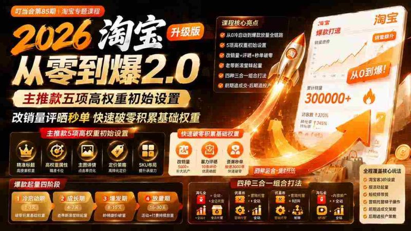 (19742期)2026淘宝从零到爆2.0第85期;主推款五项高权重初始设置,改销量评晒秒单快速破零积累基础权重-湘创网