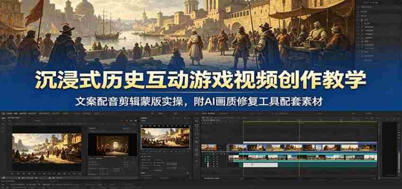 沉浸式历史互动游戏视频创作教学:文案配音剪辑蒙版实操,附AI画质修复工具配套素材-湘创网