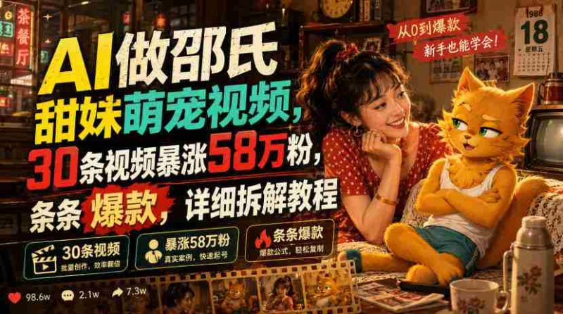 AI做邵氏甜妹萌宠视频,30条视频暴涨58万粉,条条爆款,详细拆解教程-湘创网