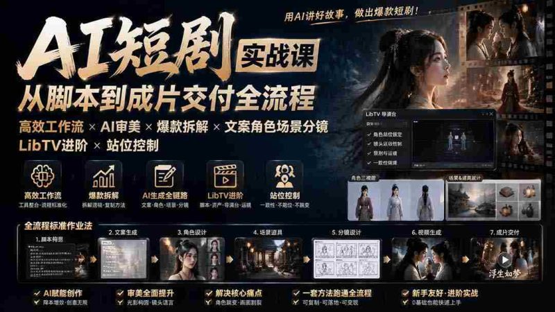 （19717期）AI短剧实战课：高效工作流×AI审美×爆款拆解×文案角色场景分镜×LibTV进阶×站位控制×从脚本到成片交付全流程-湘创网