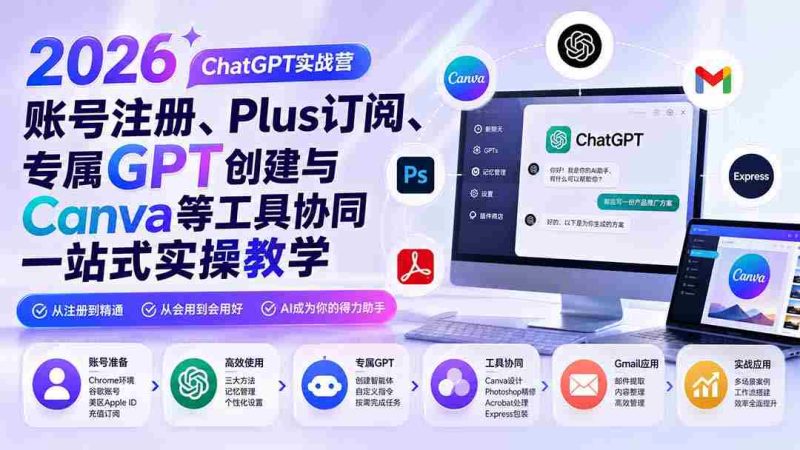 （19924期）2026 ChatGPT实战营；账号注册、Plus订阅、专属GPT创建与Canva等工具协同一站式实操教学-湘创网