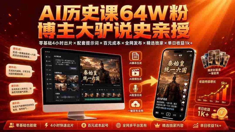 （19557期）AI历史课64W粉博主大驴说史亲授：零基础4小时出片×配套提示词×百元成本×全网发布×精选独家×单日收益1k+-湘创网
