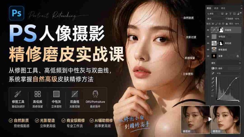 （20061期）PS人像摄影精修磨皮实战课：从修图工具、高低频到中性灰与双曲线，系统掌握自然高级皮肤精修方法-湘创网