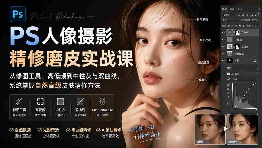（20061期）PS人像摄影精修磨皮实战课：从修图工具、高低频到中性灰与双曲线，系统掌握自然高级皮肤精修方法-湘创网