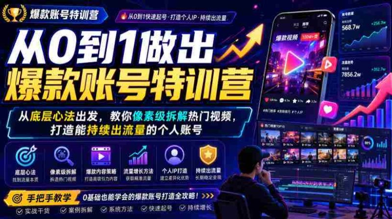从0到1做出爆款账号特训营,从底层心法出发,教你像素级拆解热门视频,打造能持续出流量的个人账号-湘创网