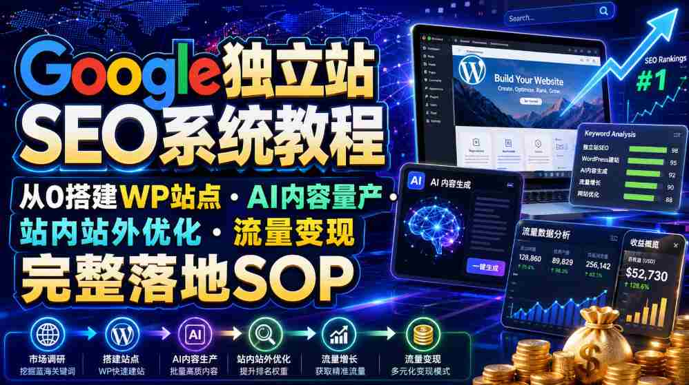 Google独立站SEO系统教程,从0搭建WP站点・AI内容量产・站内站外优化・流量变现完整落地SOP(2026年7月)