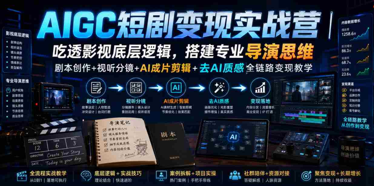 AIGC短剧变现实战营｜吃透影视底层逻辑，搭建专业导演思维，剧本创作+视听分镜+AI成片剪辑+去AI质感全链路变现教学-湘创网
