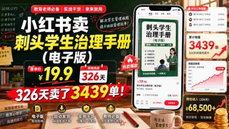 小红书卖刺头学生治理手册(电子版),客单价19.9,326天卖了3439单!-湘创网