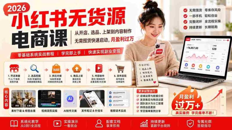 (20154期)小红书无货源电商课(8月30更新):从开店、选品、上架到内容制作,无需囤货快速启动,月盈利过万-湘创网