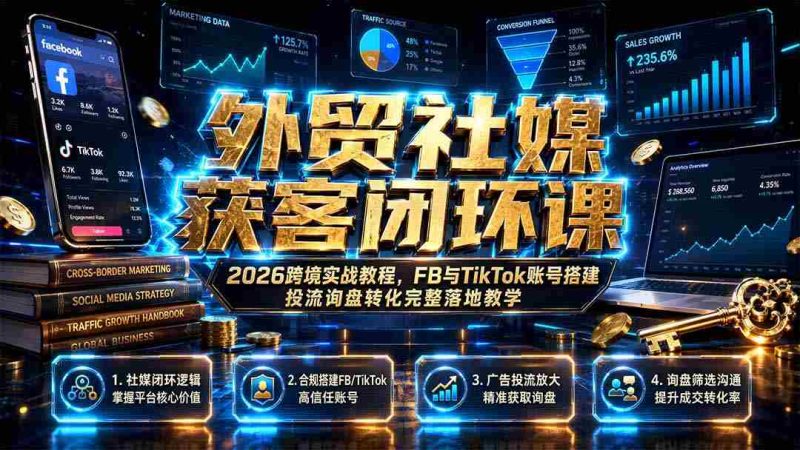 (19611期)外贸社媒获客闭环课|2026跨境实战教程,FB与TikTok账号搭建投流询盘转化完整落地教学-湘创网