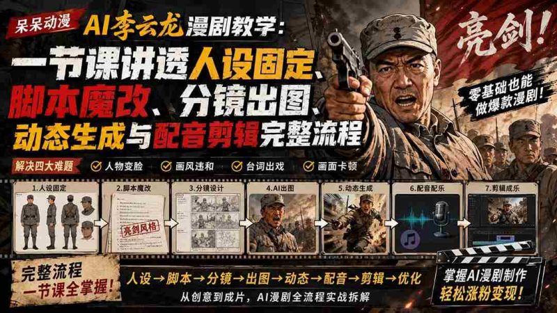 （20107期）呆呆动漫AI李云龙漫剧教学：一节课讲透人设固定、脚本魔改、分镜出图、动态生成与配音剪辑完整流程-湘创网