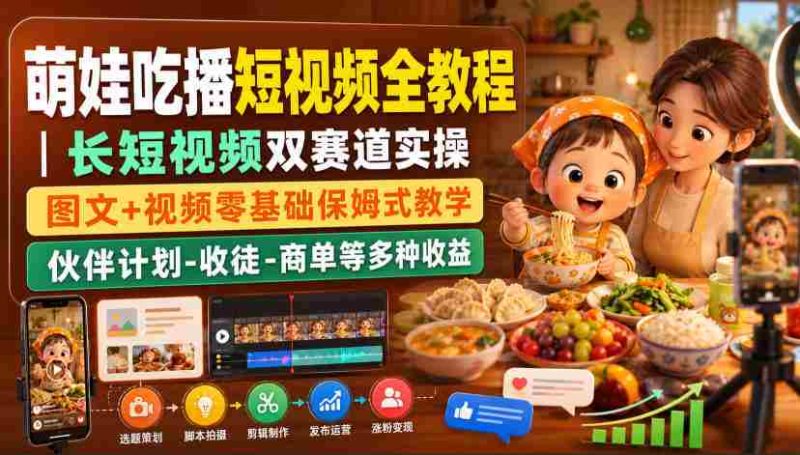 萌娃吃播短视频全教程|长短视频双赛道实操,图文+视频零基础保姆式教学,伙伴计划-收徒-商单等多种变现方式-湘创网