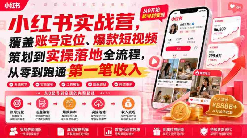 小红书实战营,覆盖账号定位、爆款短视频策划到实操落地全流程,从零到跑通第一笔收入-湘创网